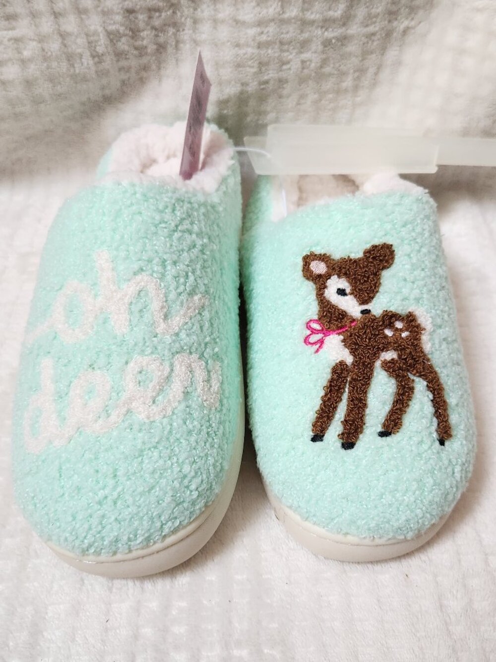 Christmas Slippers - Mint Green Reindeer "Oh Deer" - Sz M 7-8 - NEW NWT